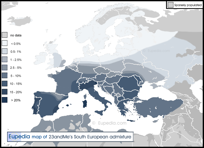 Распределение широко южноевропейской примеси в Европе
